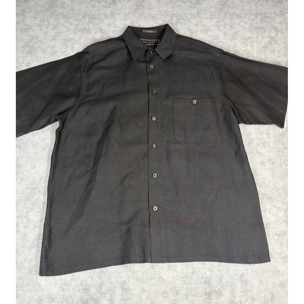M.E. Sport Collection Mens Large Black Linen Rayon Button Up Shirt Short Sleeve